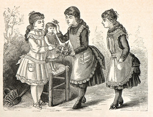 Fototapeta na wymiar three little girls playing with a doll. vintage engraved illustr