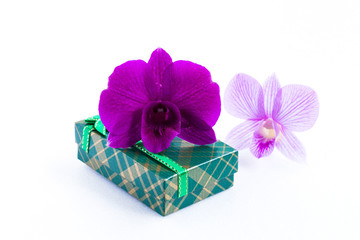 colorful gifts box and orchid on white.