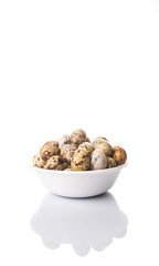Quail eggs in white bowl over white background