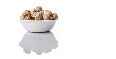 Quail eggs in white bowl over white background