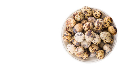 Quail eggs in a white bowl over white background 