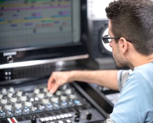 Closeup photo of an audio mixer
