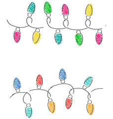 Multicolored flat hand-drawn Christmas lights isolated on white
