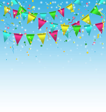 Multicolored bright buntings garlands with confetti on sky backg