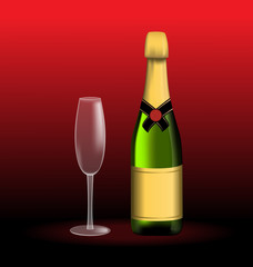 Green bottle of sparkling wine and empty glass on red