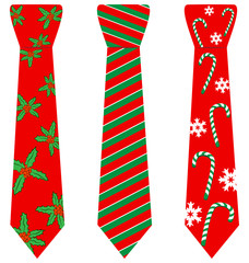 Three red Christmas ties with print isolated on white background