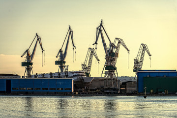 Fototapeta na wymiar Industrial cargo cranes in the dock
