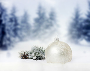 Christmas decorations and snowy winter landscape