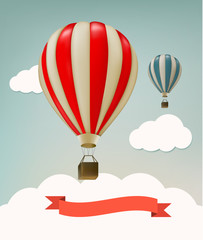 Retro background with colorful air balloons and clouds. Vector.