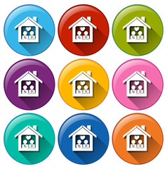 Round buttons with a family in a home