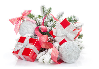 Christmas colorful decor, gift box and snow fir tree
