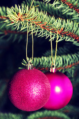 Two christmas balls hanging on a tree.