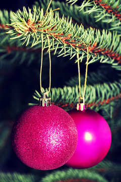 Two christmas balls hanging on a tree.