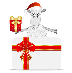 merry sheep with a gift and greeting-card
