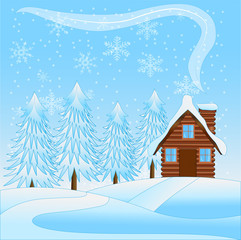 beautiful  winter landscape with a wooden house and snow-bound t