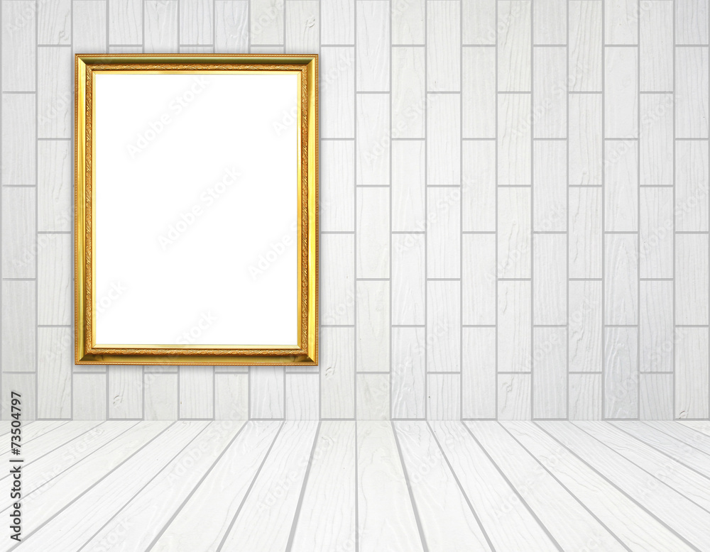 Canvas Prints blank golden frame in room with white wood wall (block style) an