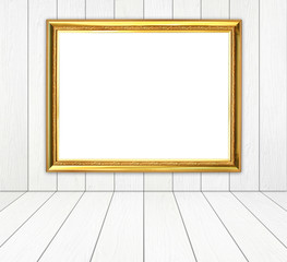 golden frame in room with white wood wall and wood floor backgro