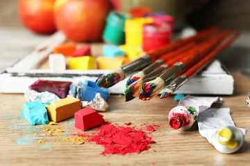 Beautiful still life with professional art materials, close up