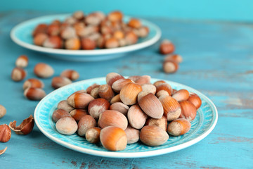 Hazelnuts on plates on wooden background