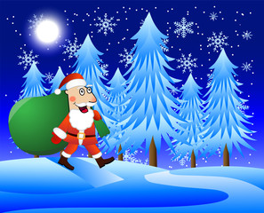 merry Santa claus with the sack of gifts on a background winter