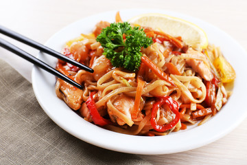 Chinese noodles with vegetables and seafood