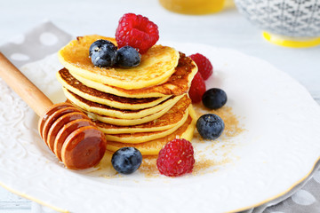 Pancakes with blueberries and raspberries