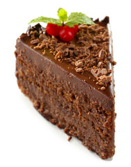 Yummy chocolate cake isolated on white