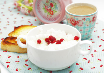 Rice porrige in the white dish with cranberries