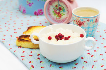 Rice porrige in the white dish with cranberries