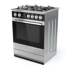 Stainless steel gas cooker with oven isolated on white.