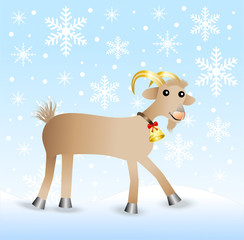 merry goat  on a background winter landscape