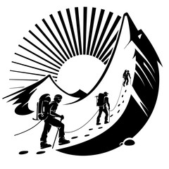 Climbing a mountain. Vector illustration in the engraving style