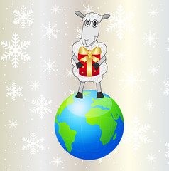 sheep with a gift stands on a planet Earth
