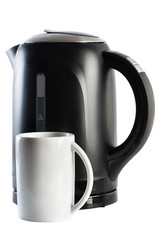 Modern black kettle and white cup isolated