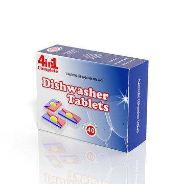 3D Dishwasher Tablets Paper Box Isolated On White