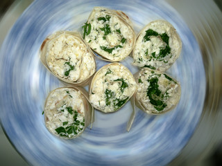lavash rolls with curd cheese and herbs
