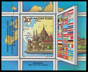 Stamp printed in Hungary shows Conference in Europe, Budapest