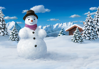 Obraz premium großer Schneemann in den Bergen