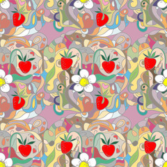 Seamless summer pattern with strawberries and flowers