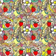 Seamless pattern with strawberries and flowers