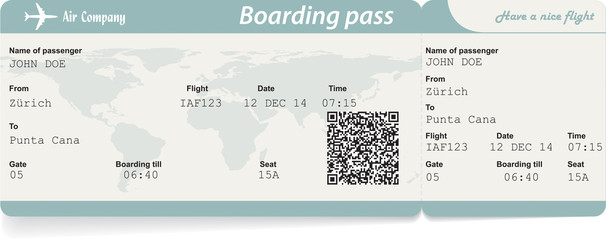 Vector image of airline boarding pass ticket with QR2 code - obrazy, fototapety, plakaty