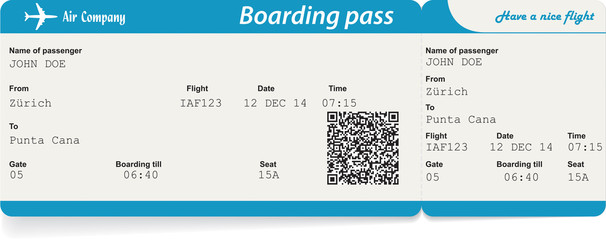 Vector image of airline boarding pass ticket with QR2 code - obrazy, fototapety, plakaty