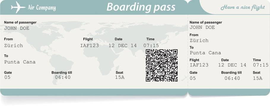 Vector image of airline boarding pass ticket with QR2 code