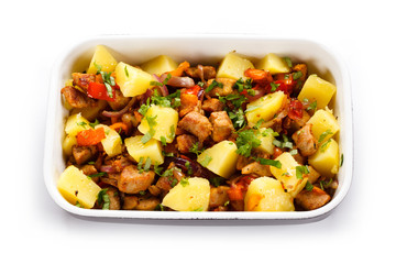 Roast meat with boiled potatoes and vegetables
