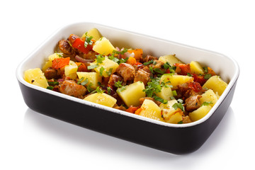 Roast meat with boiled potatoes and vegetables
