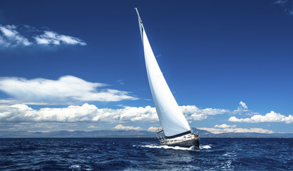 Plakat Sailing ship yachts with white sails in the open sea.