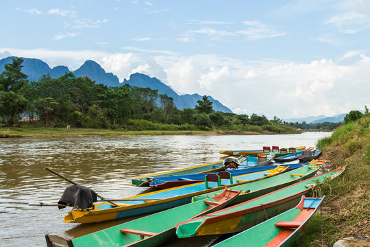 boats in Nam Song river at Vang Vieng, Laos