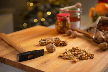 Closeup on walnuts on cutting board