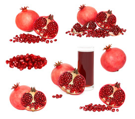 Set ripe pomegranates with seeds (isolated)