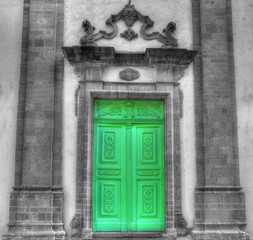 church entrance in selective desaturation